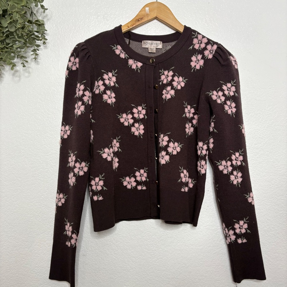 Forward Young Contemporary Brown Floral Puff Sleeve Button Cardigan Sweater M - Picture 2 of 6